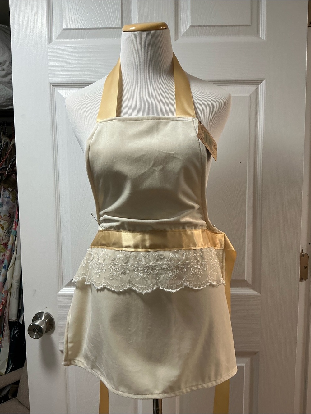 Satin & Lace Halter Apron in Cream